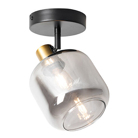Qazqa – Plafonnier à spot noir et or – Verre fumé – 1 lumière E14 25W max – Hauteur 22,5 cm – Éclairage intérieur pour salon, chambre, cuisine