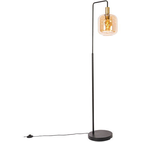 Qazqa – Lampadaire 1 lumière H 150 cm noir et or – Verre ambré et acier – Culot E27 – Dimmable – Pour salon, chambre, cuisine, salle à manger