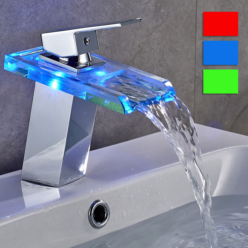 LED RGB Wasserhahn Glas Wasserfall Waschtischarmatur Einhandmischer Bad Armatur 