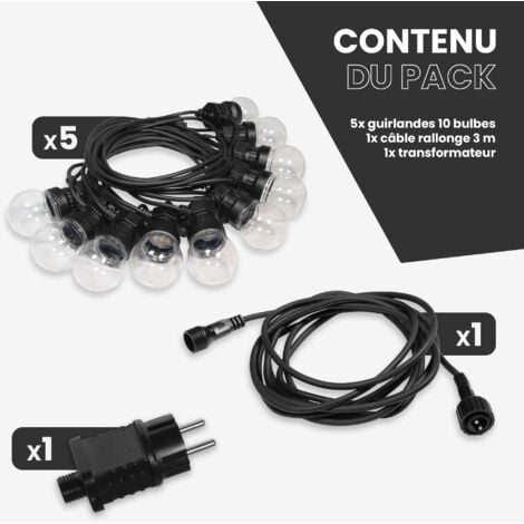 Guirlande Guinguette 50M Transparent - Guirlande Lumineuse Exterieure 50 Bulbes Transparents - Guirlande Guinguette Exterieur 50M + 3M de cable