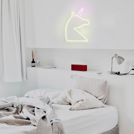 Neon Licorne 32 cm - Prise et Interrupteur On/Off inclus Neon LED pour Decoration Chambre d'Enfant - Lampe Néon LED Licorne sur Secteur avec interrupteur