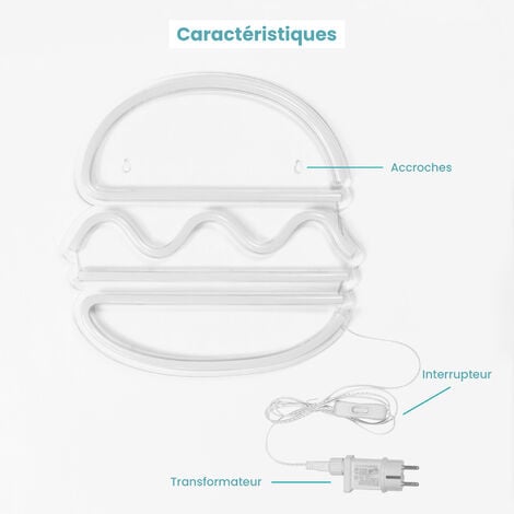 Néon Hamburger 30 cm - Prise et Interrupteur on/Off Inclus Neon LED pour Decoration  Chambre Enfant