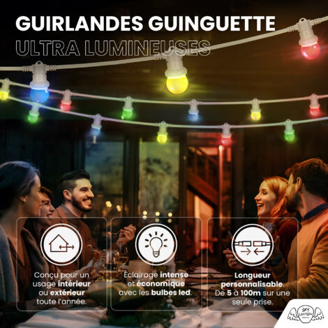 Guirlande Guinguette 100M Multicolore IP65 Cable Blanc - Guirlande Electrique Exterieur 100 Bulbes Multicolore - Guirlande Guinguette Exterieure Déco pour Domaines et Chateaux