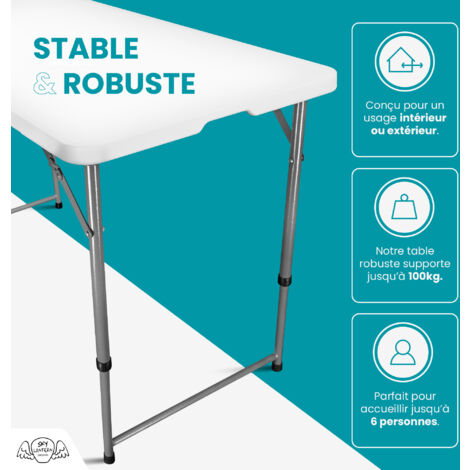 SKYLANTERN® Table Pliante 120 cm d'Appoint Rectangulaire Blanche Hauteur Réglable - Table de Camping 6 Personnes L120 x l60 x H74cm en HDPE Haute Densité Épaisseur 3,5 cm