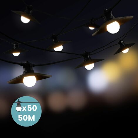 Guirlande guinguette étanche IP65 50m 50 LED plastique 1W blanc chaud