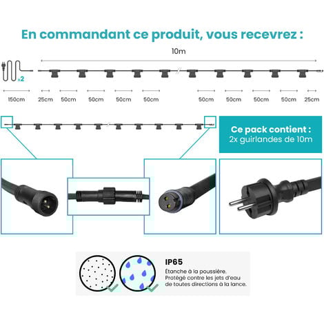 Guirlande Guinguette IP65 20m Noire Raccordable - Guirlande Lumineuse pour ampoule E27 40 Douilles - Guirlande Guinguette Extérieure pour Terrasse Jardin Bar