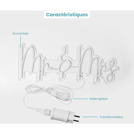 Neon led Mr & Mrs 50CM - Neon Mural Blanc Chaud sur Secteur - Lampe Neon Enseigne avec Interrupteur ON/OFF pour Decoration Mariage, Decoration Saint Valentin, Deco Mariage Champetre