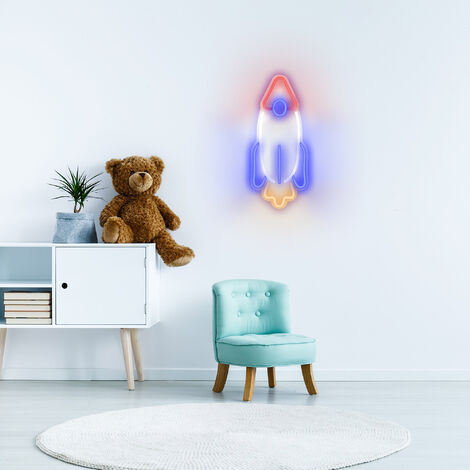 Neon led Rocket 41,5CM - Neon Mural Fusée sur Secteur - Lampe Neon Enseigne avec Interrupteur ON/OFF pour Deco Chambre Decoration Astronomie Decoration Espace Decoration Galaxie Decoration Spatiale