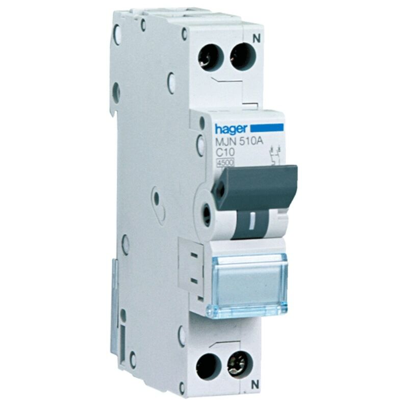 Interrupteur magnétothermique Hager 1P+N 10A 4.5 KA C 1 modules MJN510A