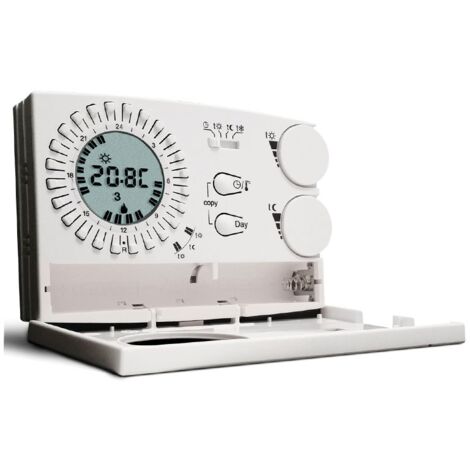 Thermostat mural numérique programmable pour radiateur électrique – Plage de régulation 5-37,7°C – Écran LCD 2' 2/3 – Autonomie 24 mois – Perry