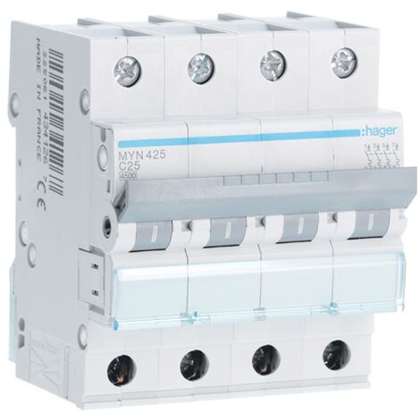 Interrupteur magnétothermique Hager 4P 25A 4.5 KA C 4 modules MYN425