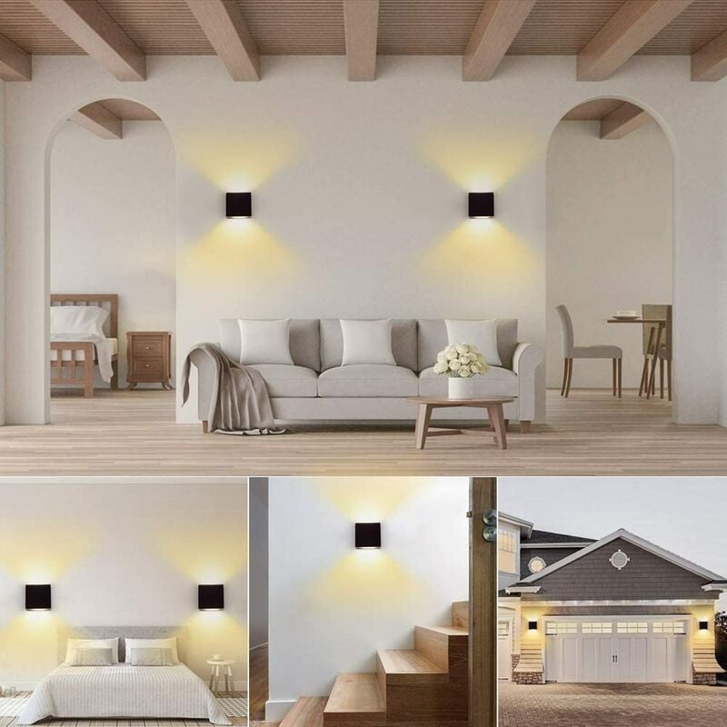 2 Pack Applique Murale Intérieur 6W 10x10x5cm LED Lampe Mural Décorative Blanc Chaud pour Chambre Couloir Salon Noir 2