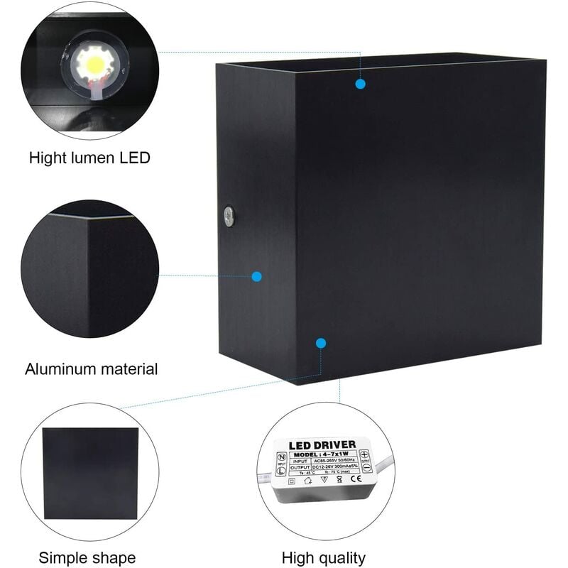 2 Pack Applique Murale Intérieur 6W 10x10x5cm LED Lampe Mural Décorative Blanc Chaud pour Chambre Couloir Salon Noir 4