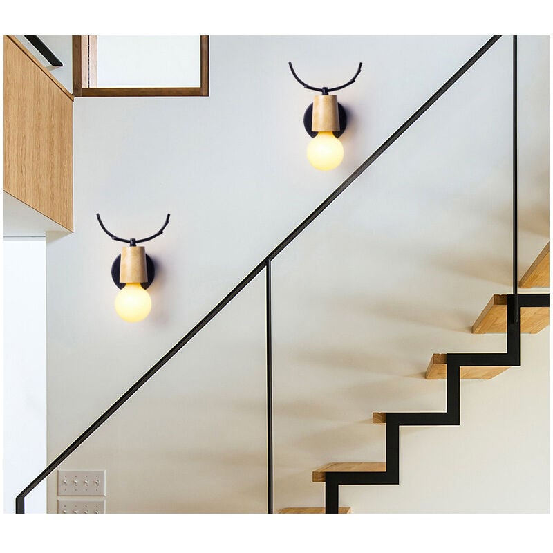 2 Pack Lampe Murale Tête de Cerf Rétro Applique Murale Eclairage Chambre à Coucher Escalier Café Noir 2