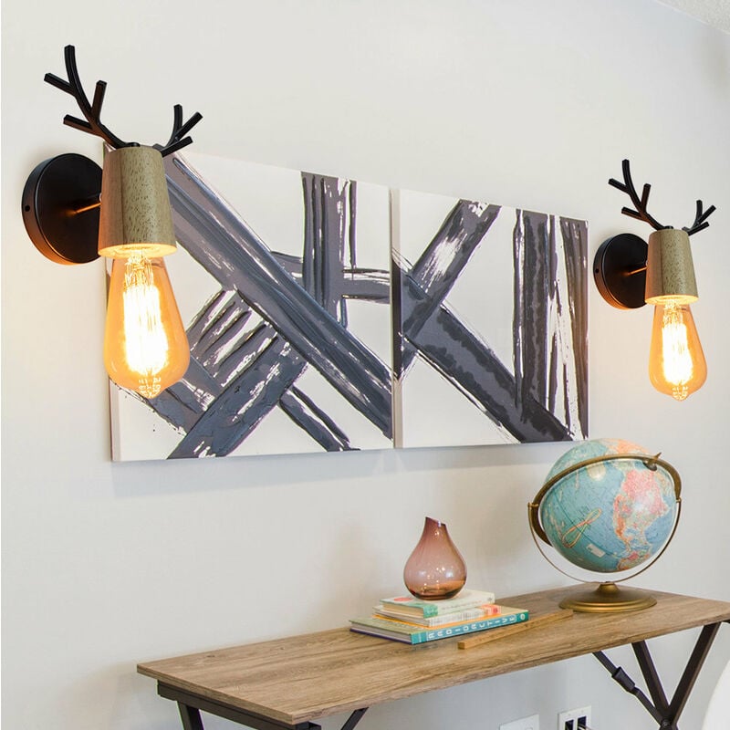 2 Pack Lampe Murale Tête de Cerf Rétro Applique Murale Eclairage Chambre à Coucher Escalier Café Noir 3