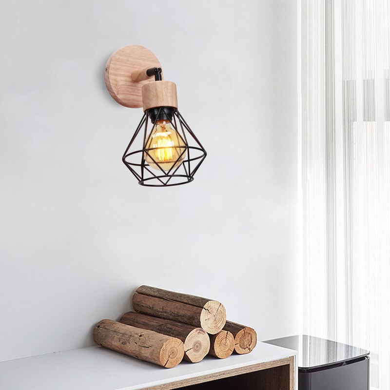 Applique Murale en Bois E27 Lampe Murale Vintage Industrielle Cage en Métal E27 40W Noir - 2PCS 2