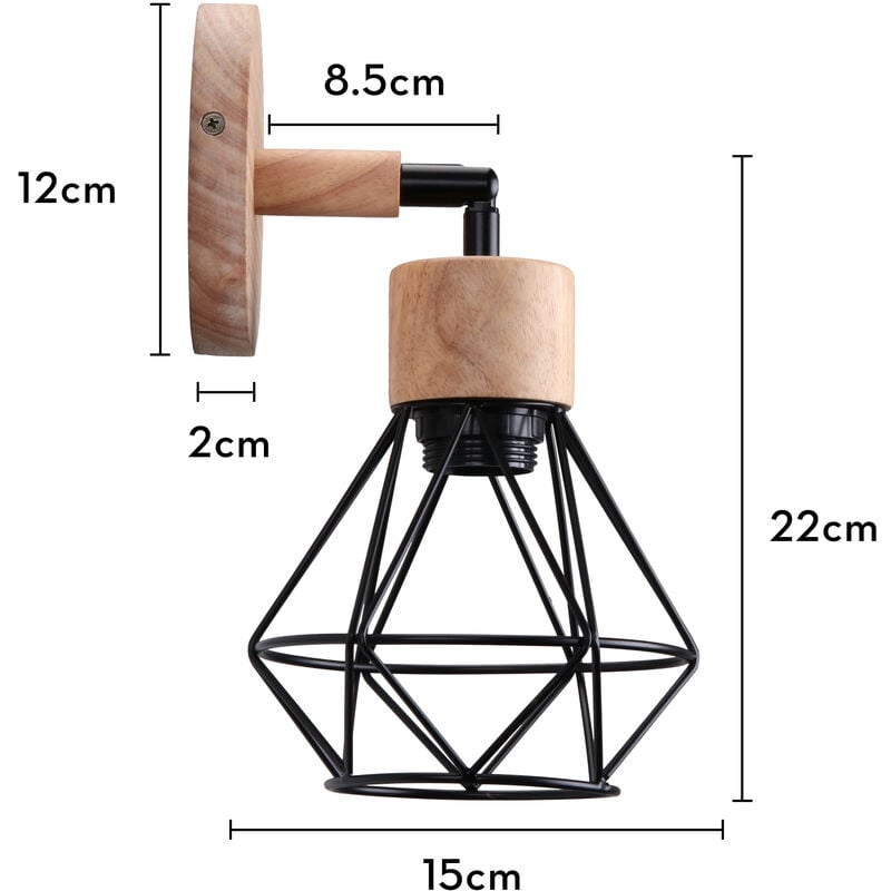 Applique Murale en Bois E27 Lampe Murale Vintage Industrielle Cage en Métal E27 40W Noir - 2PCS 4