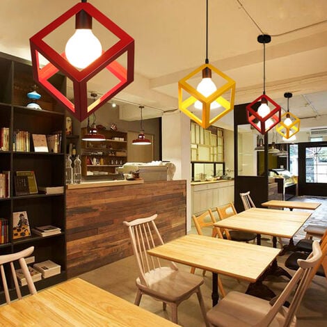 Lustre Suspension Cage Cube en Métal E27 Plafonnier Luminaire Vintage Industrielle Rouge