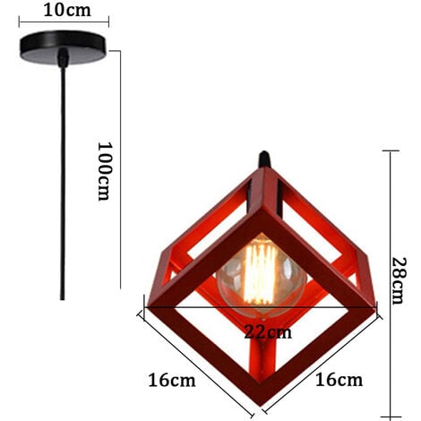 Lustre Suspension Cage Cube en Métal E27 Plafonnier Luminaire Vintage Industrielle Rouge