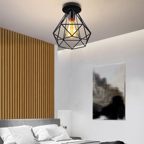 Rétro Plafonnier Cage en Métal E27 Luminaire Vintage Rétro Noir
