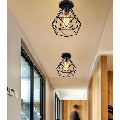 Rétro Plafonnier Cage en Métal E27 Luminaire Vintage Rétro Noir