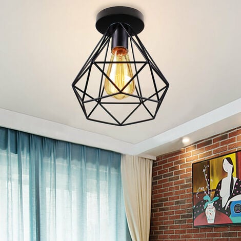 Rétro Plafonnier Cage en Métal E27 Luminaire Vintage Rétro Noir