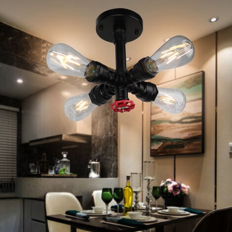 Plafonnier à Tube d'eau Design Industrielle Rétro Lampe de Plafond 4 Tête Noir