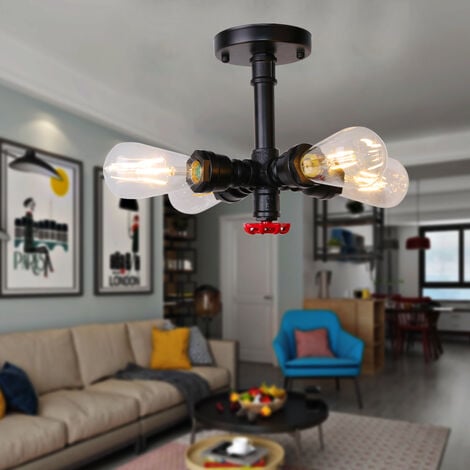 Plafonnier à Tube d'eau Design Industrielle Rétro Lampe de Plafond 4 Tête Noir