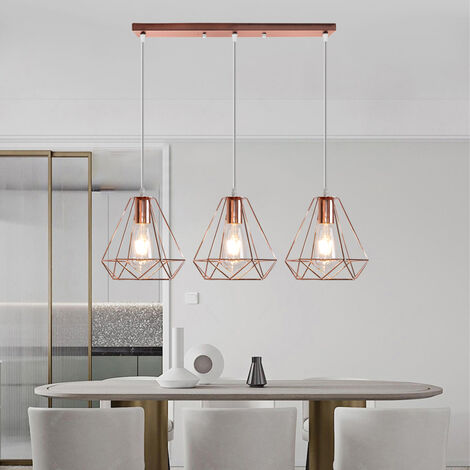 Suspension Lustre Design Industrielle en Métal 3 Abat-jour Diamant Pendentif Luminaire Doré Rose