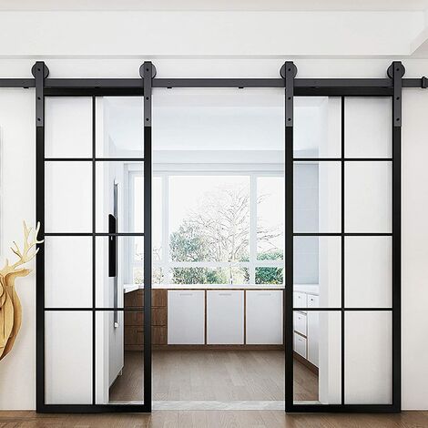 Kit de Rail de Porte Coulissante de Double Porte Coulissante Robust en Acier Noir 180cm