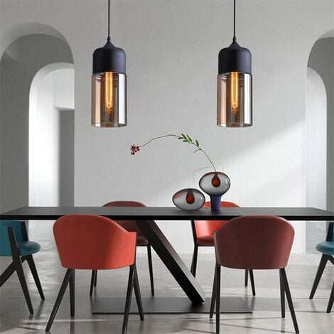 Lustre Suspension en Verre Ambré E27 Noir Plafonnier Luminaire Salle à Manger Chambre Hôtel Noir - 13cm Cylindrique