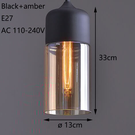 Lustre Suspension en Verre Ambré E27 Noir Plafonnier Luminaire Salle à Manger Chambre Hôtel Noir - 13cm Cylindrique