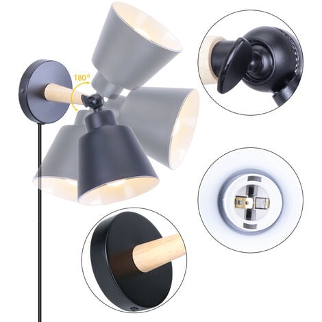 Applique Mural Intérieur Design avec Prise et Interrupteur Lampe de Chevet Eclairage Décor Noir 2PCS