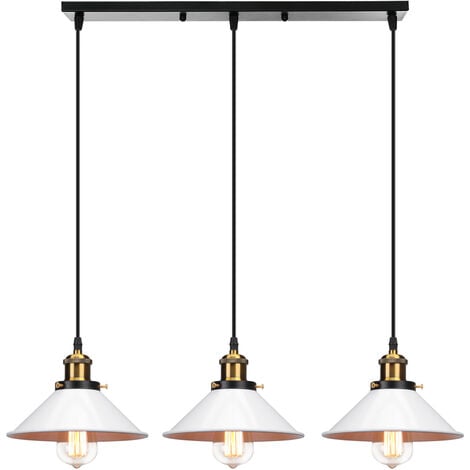Rétro Lustre Suspension Industrielle E27 3 Tête Blanc et Noir Plafonnier Luminaire Ajustable Salle à Manger Couloir