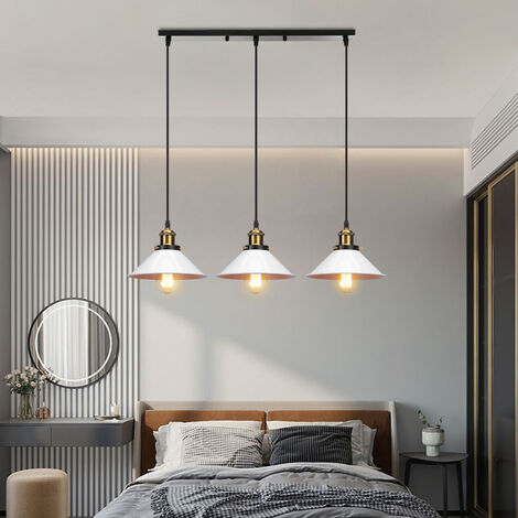 Rétro Lustre Suspension Industrielle E27 3 Tête Blanc et Noir Plafonnier Luminaire Ajustable Salle à Manger Couloir