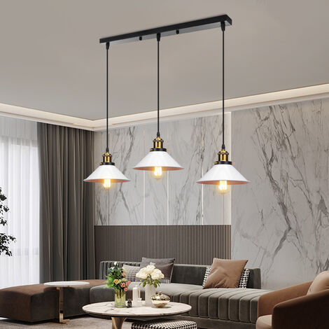 Rétro Lustre Suspension Industrielle E27 3 Tête Blanc et Noir Plafonnier Luminaire Ajustable Salle à Manger Couloir