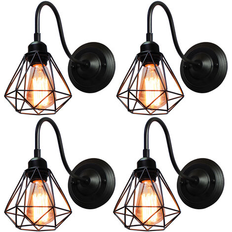 Applique Murale Intérieur Vintage Industrielle Luminaire Eclairage Cage Diamant en Métal Noir 4PCS