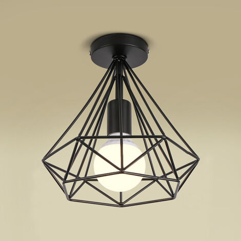 Plafonnier industriel forme diamant 25cm lustre abat-jour E27 luminaire pour Salon Cuisine Chambre Entrée Noir