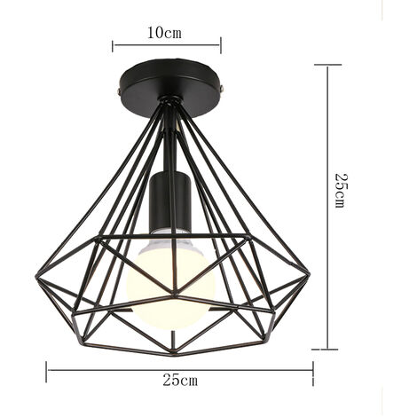 Plafonnier industriel forme diamant 25cm lustre abat-jour E27 luminaire pour Salon Cuisine Chambre Entrée Noir