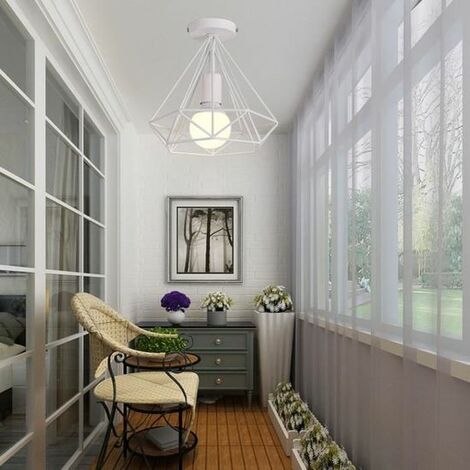 Plafonnier industriel forme diamant 25cm Luminaire lustre abat-jour E27 pour Salon Cuisine Chambre Bar, Blanc