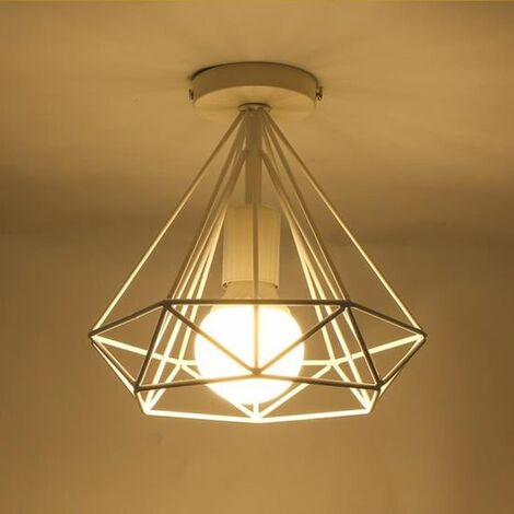 Plafonnier industriel forme diamant 25cm Luminaire lustre abat-jour E27 pour Salon Cuisine Chambre Bar, Blanc