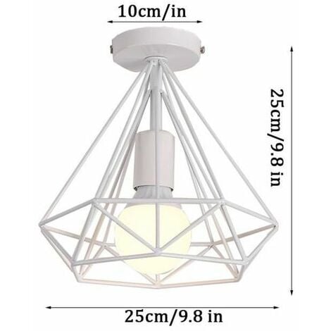 Plafonnier industriel forme diamant 25cm Luminaire lustre abat-jour E27 pour Salon Cuisine Chambre Bar, Blanc