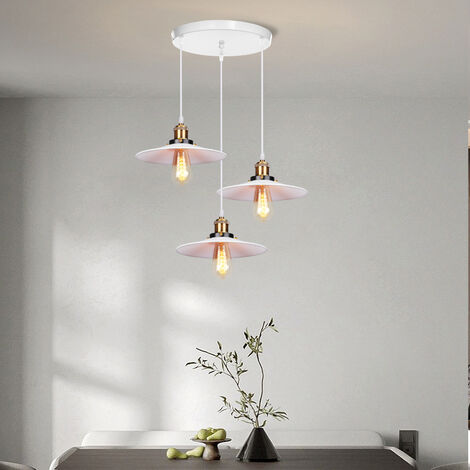 3 Tête Lustre Suspension Fer Abat-jour en Métal Luminaire Vintage Industrielle Blanc