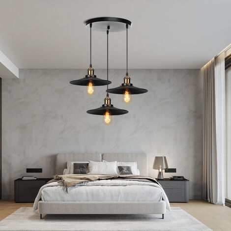 3 Tête Lustre Suspension Fer Abat-jour en Métal Luminaire Vintage Industrielle Noir