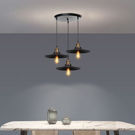 3 Tête Lustre Suspension Fer Abat-jour en Métal Luminaire Vintage Industrielle Noir