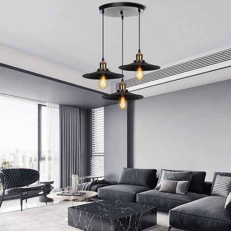 3 Tête Lustre Suspension Fer Abat-jour en Métal Luminaire Vintage Industrielle Noir