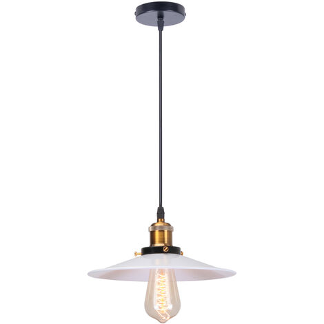 Rétro Lustre Suspension Industrielle 26cm Plaofnnier Fer Abat-jour en Métal Blanc (1/5)