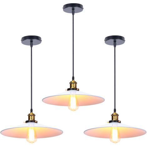 3PCS Rétro Lustre Suspension Industrielle 36cm Plaofnnier Fer Abat-jour en Métal Blanc (1/5)