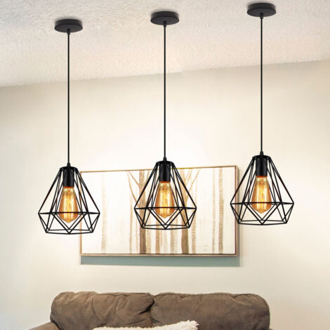 Retro Lustre Suspension Industrielle E27 Plafonnier Lampe Abat-jour Forme Diamant Luminaire pour Salon Chambre Couloir Noir - 3PCS (1/5)