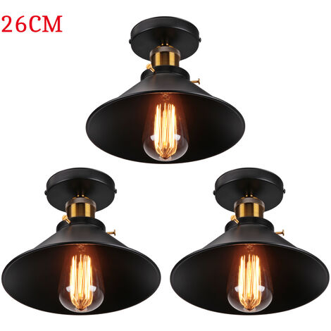 Plafonnier Vintage Rétro Lampe de Plafond Industrielle Fer Abat-jour 26cm Noir 3PCS (1/5)